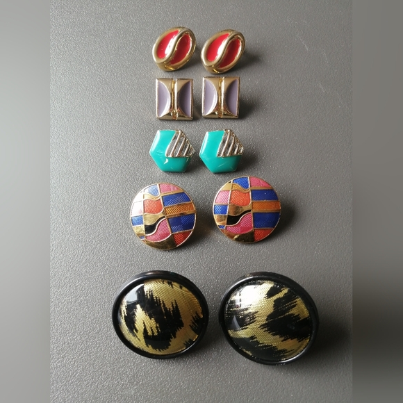 Vintage Jewelry - Vintage 1980s Earrings Gold Black Red Teal Purple Animal Print Lot Bundle 5pcs